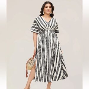 BloomChic Plus Size Solid Geometric Dolman Sleeve Pocket Shirred Split Hem Dress